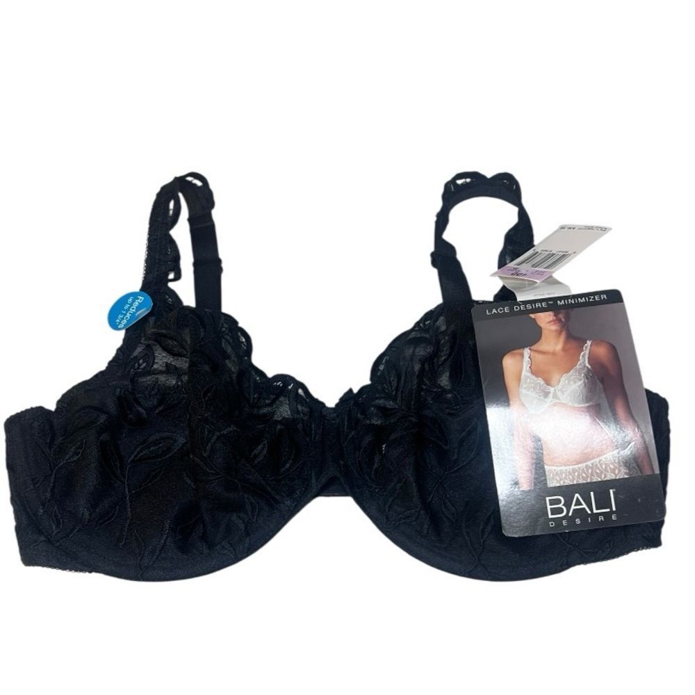 NWT BALI Black Elegant Embroidery Lace Desire Minimizer Underwire Bra Sz 40D